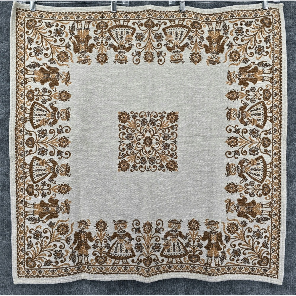 Vintage Austrian Folk Art Jacquard Tablecloth 35" Square Beige Tyrolean Alpine